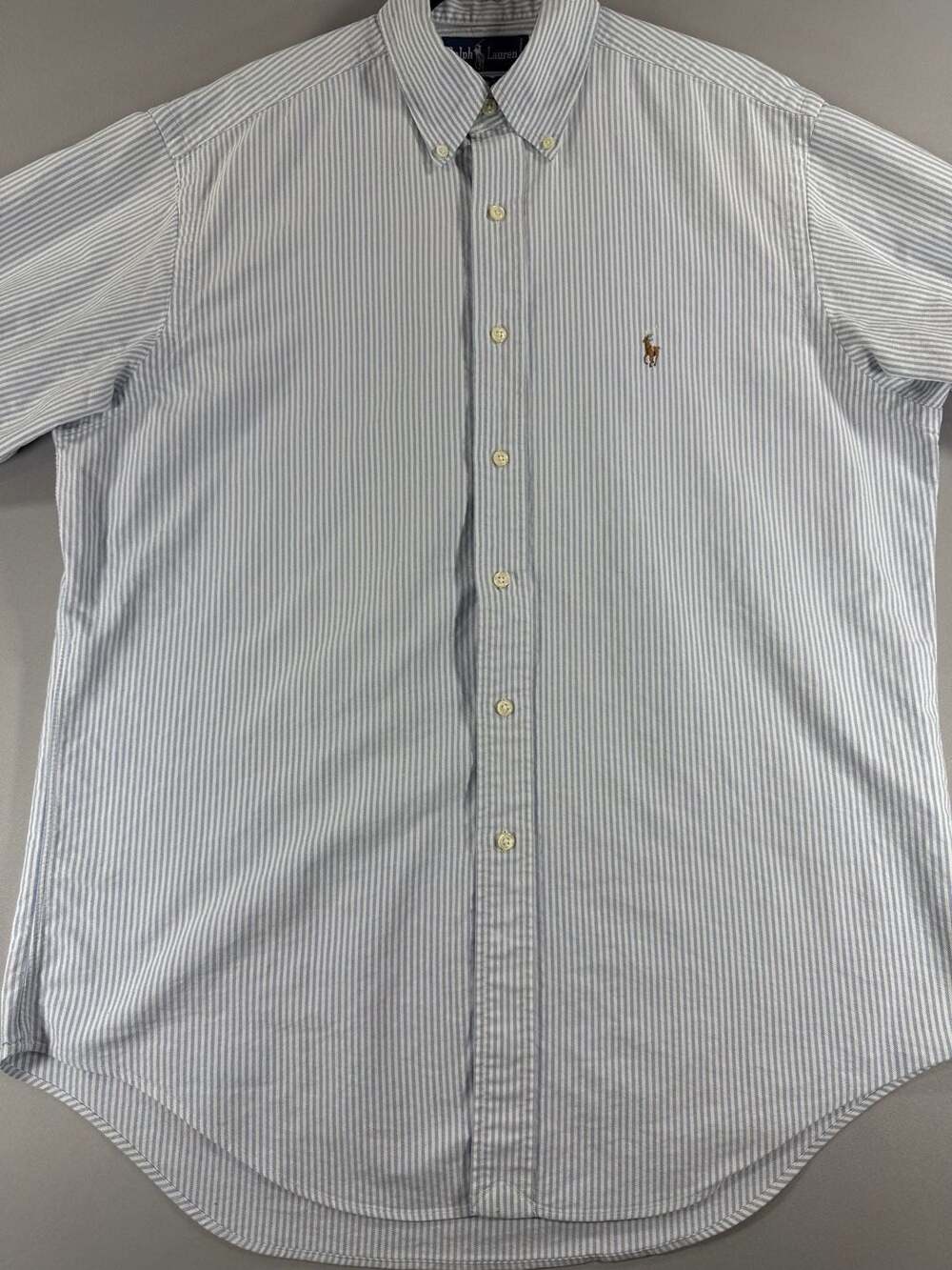 Vintage 90s Ralph Lauren Yarmouth Mens 15.5 34 Blue Stripe Oxford Pony Shirt